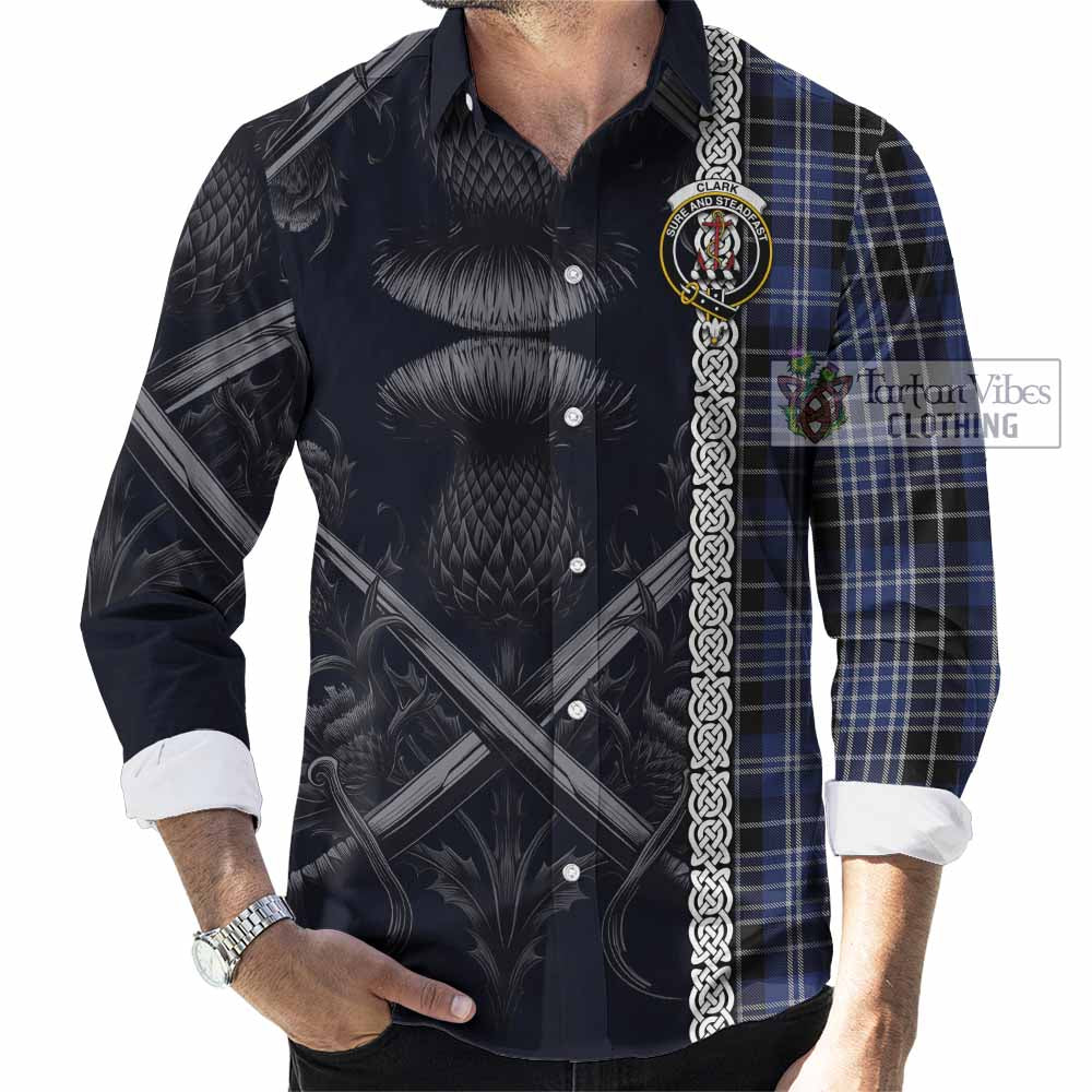 Tartan Vibes Clothing Clark (Clarke) Tartan Long Sleeve Button Shirt with Family Crest Cross Sword Thistle Celtic Vibes