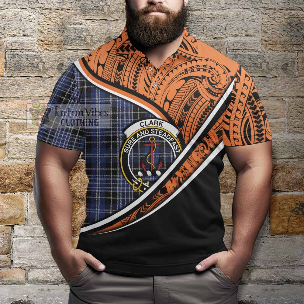 Tartan Vibes Clothing Clark (Clarke) Crest Tartan Polo Shirt with Maori Tattoo Style - Orange Version