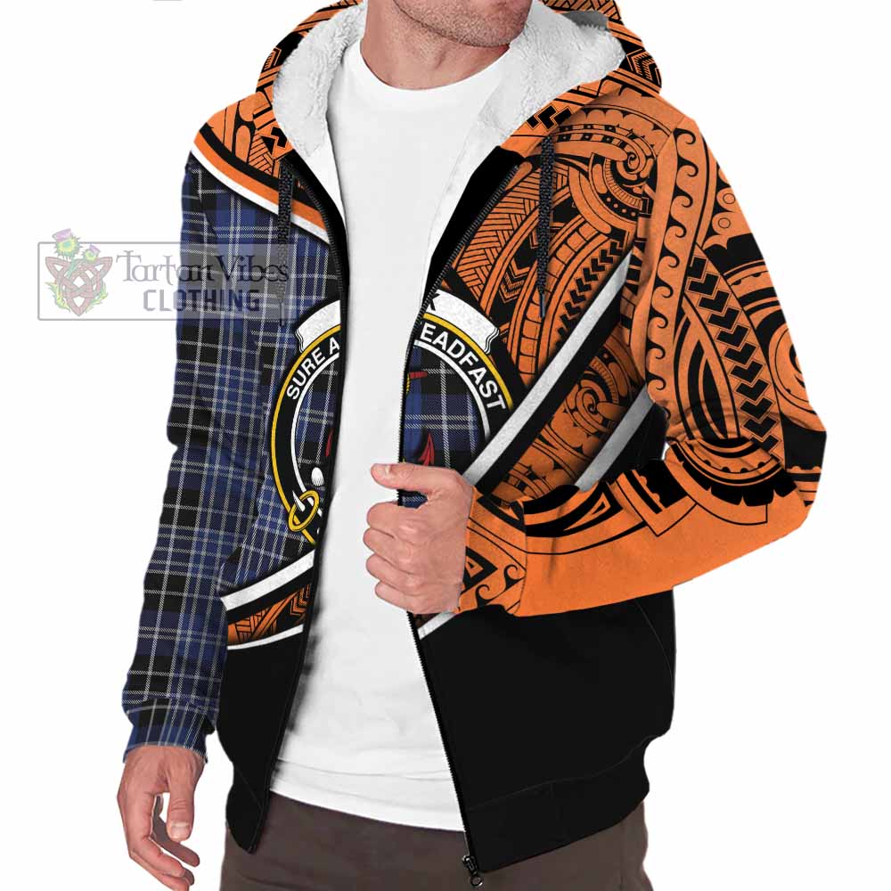 Tartan Vibes Clothing Clark (Clarke) Crest Tartan Sherpa Hoodie with Maori Tattoo Style - Orange Version