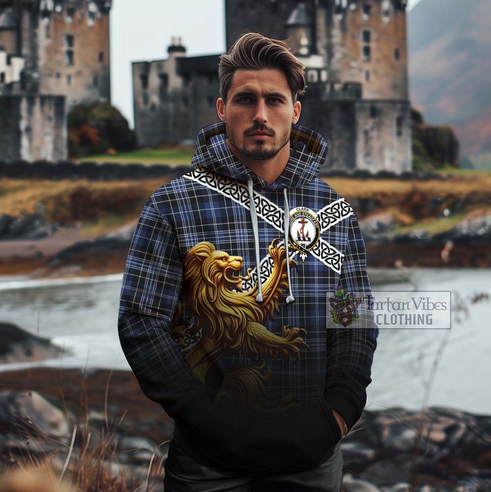 Clark (Clarke) Crest Tartan Cotton Hoodie with Golden Lion Emblem Celtic Style - Tartan Vibes Clothing