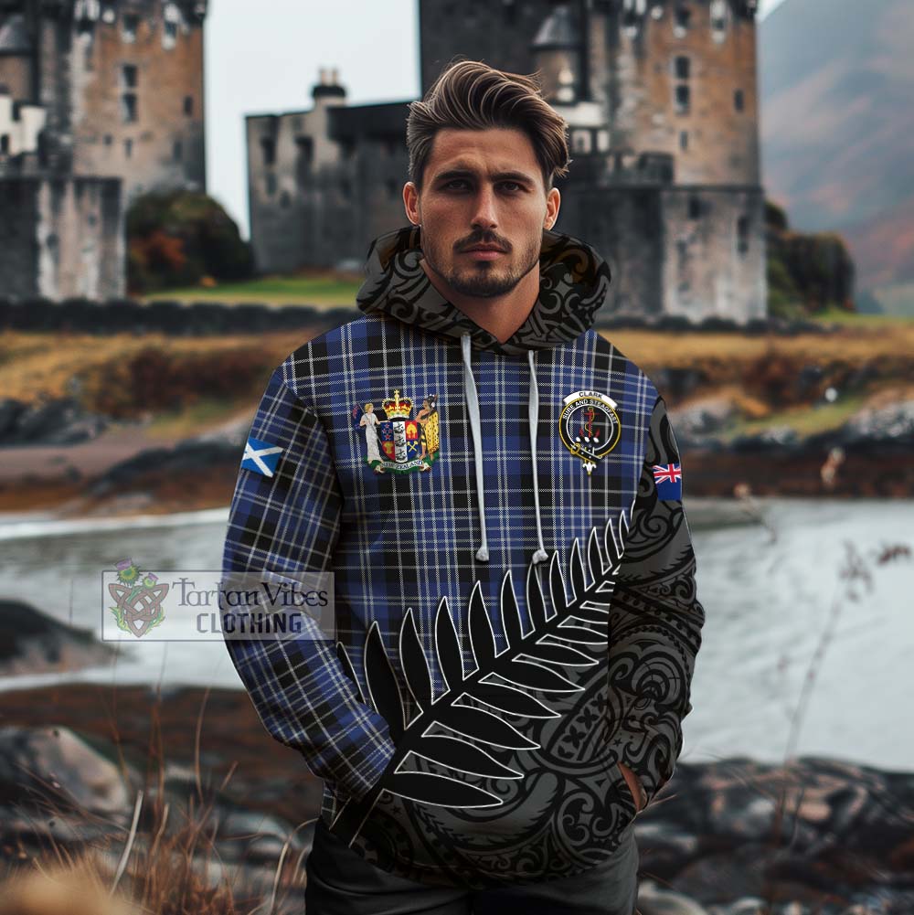 Tartan Vibes Clothing Clark (Clarke) Crest Tartan Cotton Hoodie with New Zealand Silver Fern Half Style