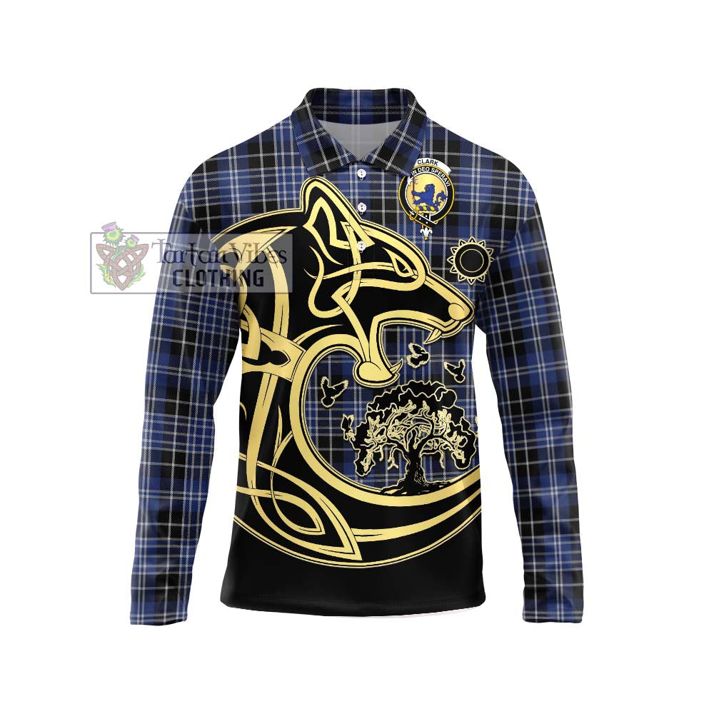 Clark (Lion) Tartan Long Sleeve Polo Shirt with Family Crest Celtic Wolf Style Unisex - Tartanvibesclothing Shop