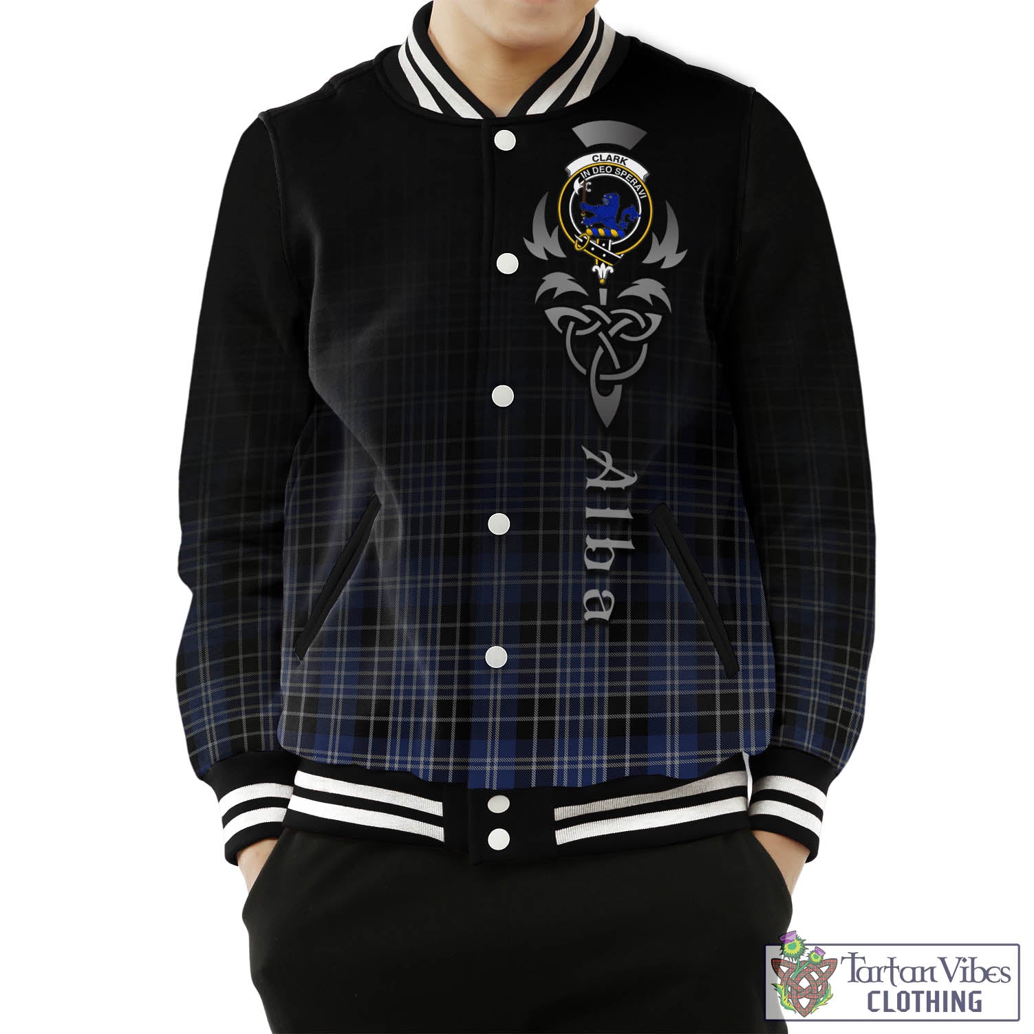 Tartan Vibes Clothing Clark (Lion) Tartan Baseball Jacket Featuring Alba Gu Brath Family Crest Celtic Inspired