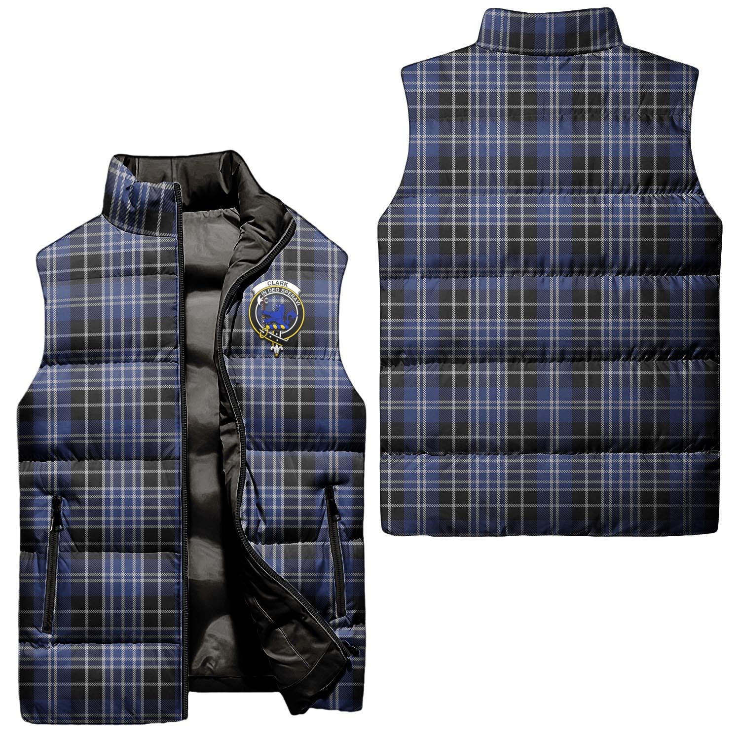 Clark (Lion) Tartan Sleeveless Puffer Jacket with Family Crest Unisex - Tartanvibesclothing