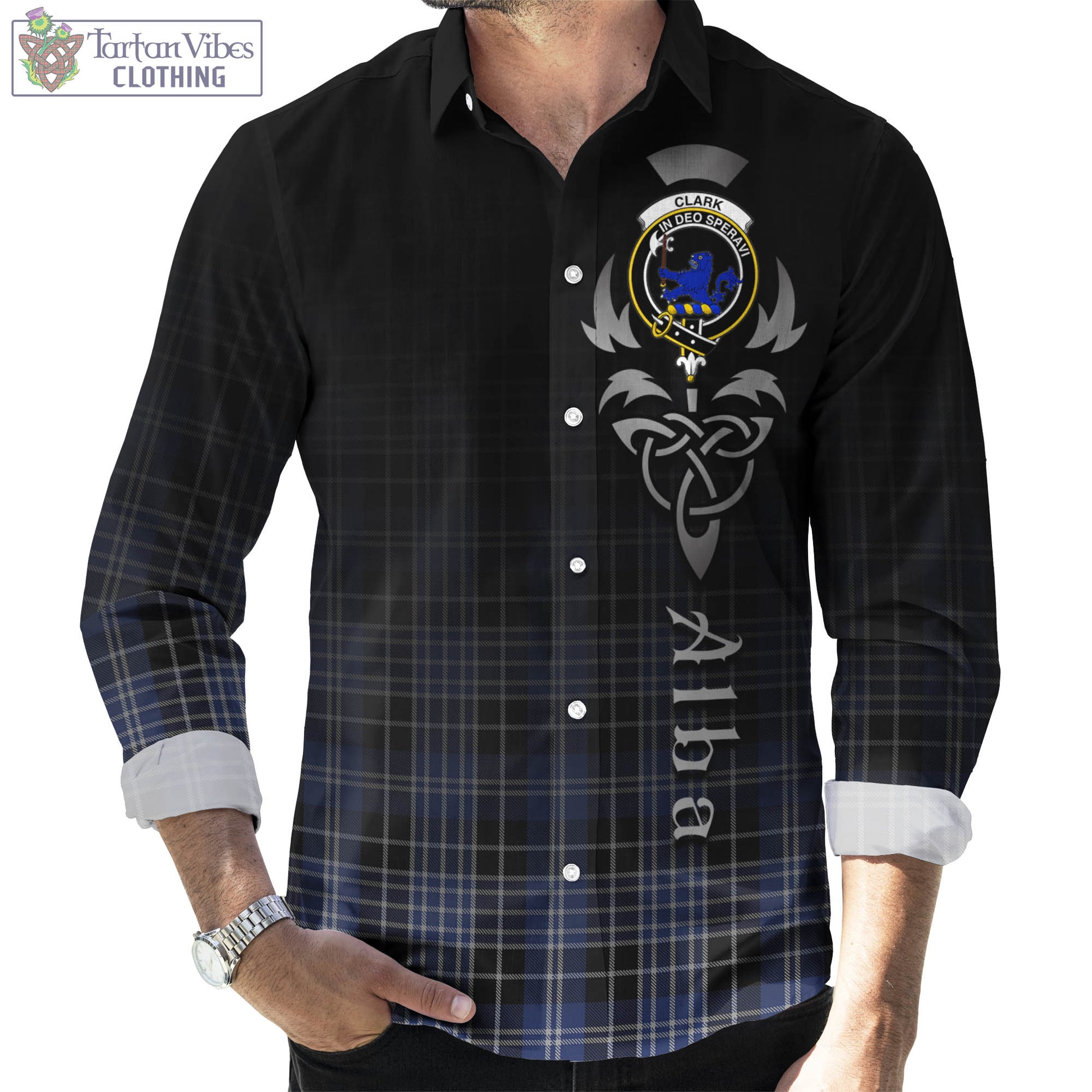 Tartan Vibes Clothing Clark (Lion) Tartan Long Sleeve Button Up Featuring Alba Gu Brath Family Crest Celtic Inspired