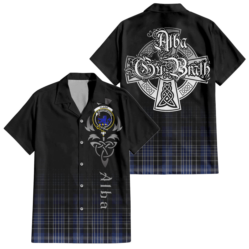 Tartan Vibes Clothing Clark (Lion) Tartan Short Sleeve Button Up Featuring Alba Gu Brath Family Crest Celtic Inspired