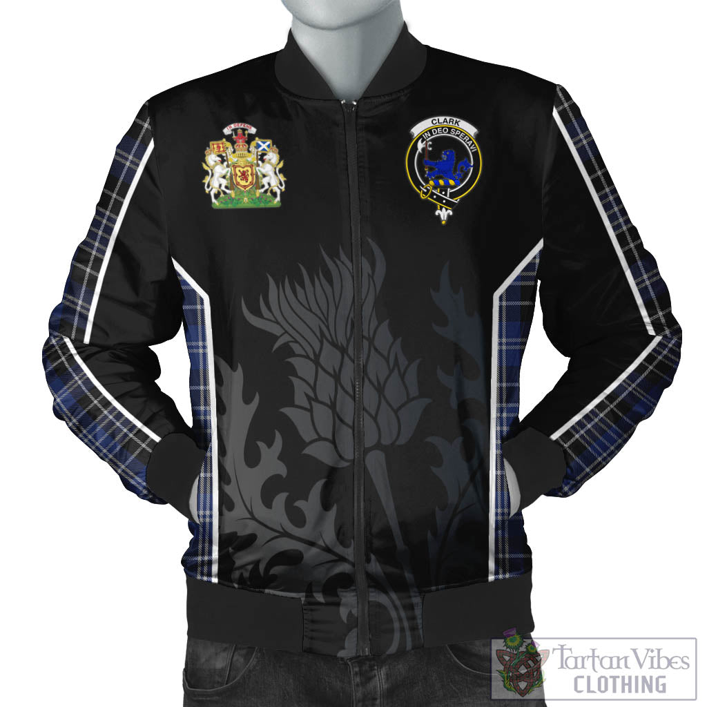 Tartan Vibes Clothing Clark (Lion) Tartan Bomber Jacket with Family Crest and Scottish Thistle Vibes Sport Style