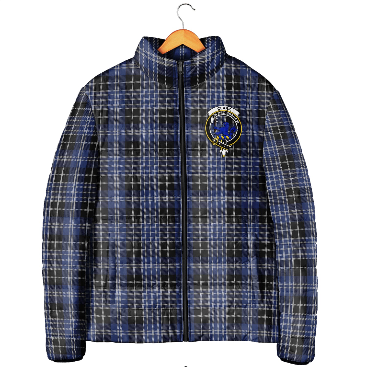 Clark (Lion) Tartan Padded Jacket with Family Crest Men's Padded Jacket - Tartan Vibes Clothing