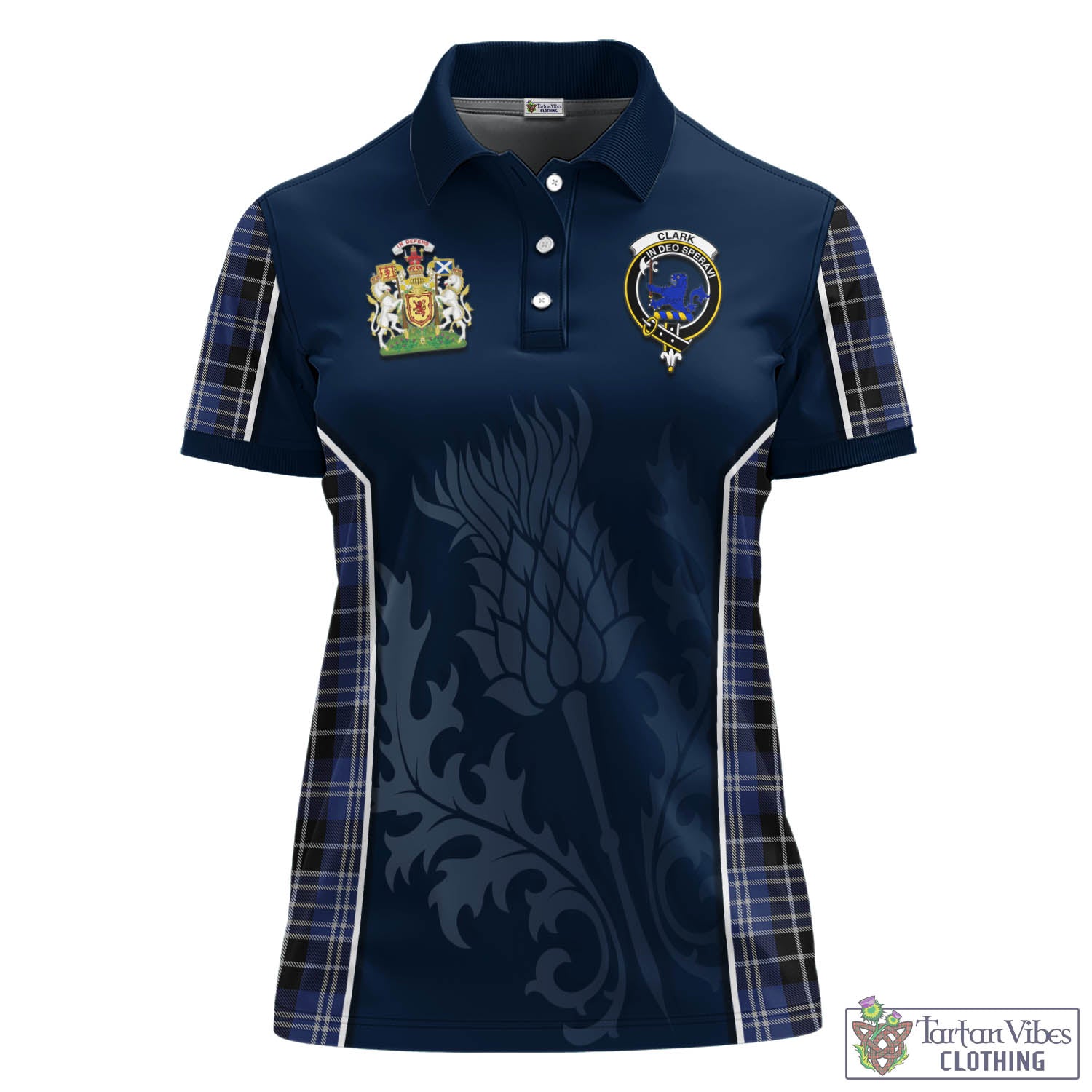 Tartan Vibes Clothing Clark (Lion) Tartan Women's Polo Shirt with Family Crest and Scottish Thistle Vibes Sport Style