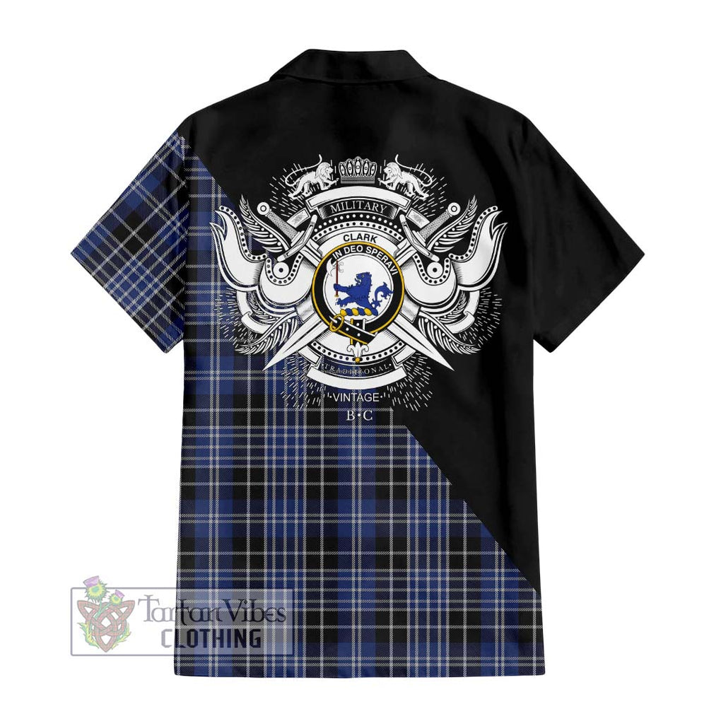 Clark (Lion) Tartan Short Sleeve Button Shirt with Family Crest and Military Logo Style - Tartanvibesclothing Shop