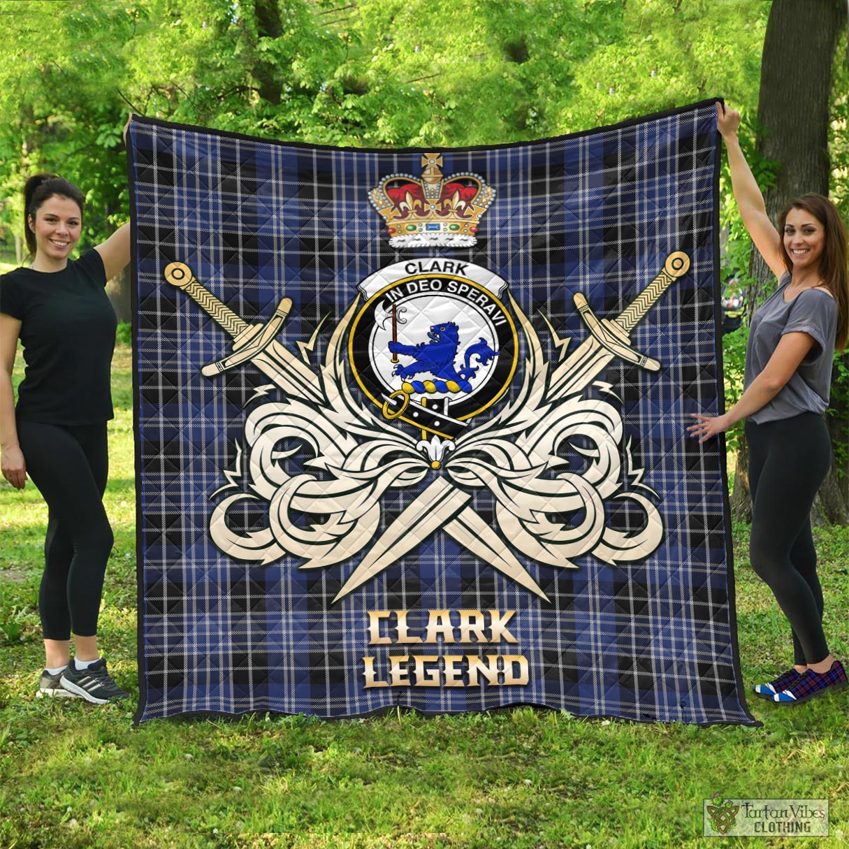 Tartan Vibes Clothing Clark (Lion) Tartan Quilt with Clan Crest and the Golden Sword of Courageous Legacy