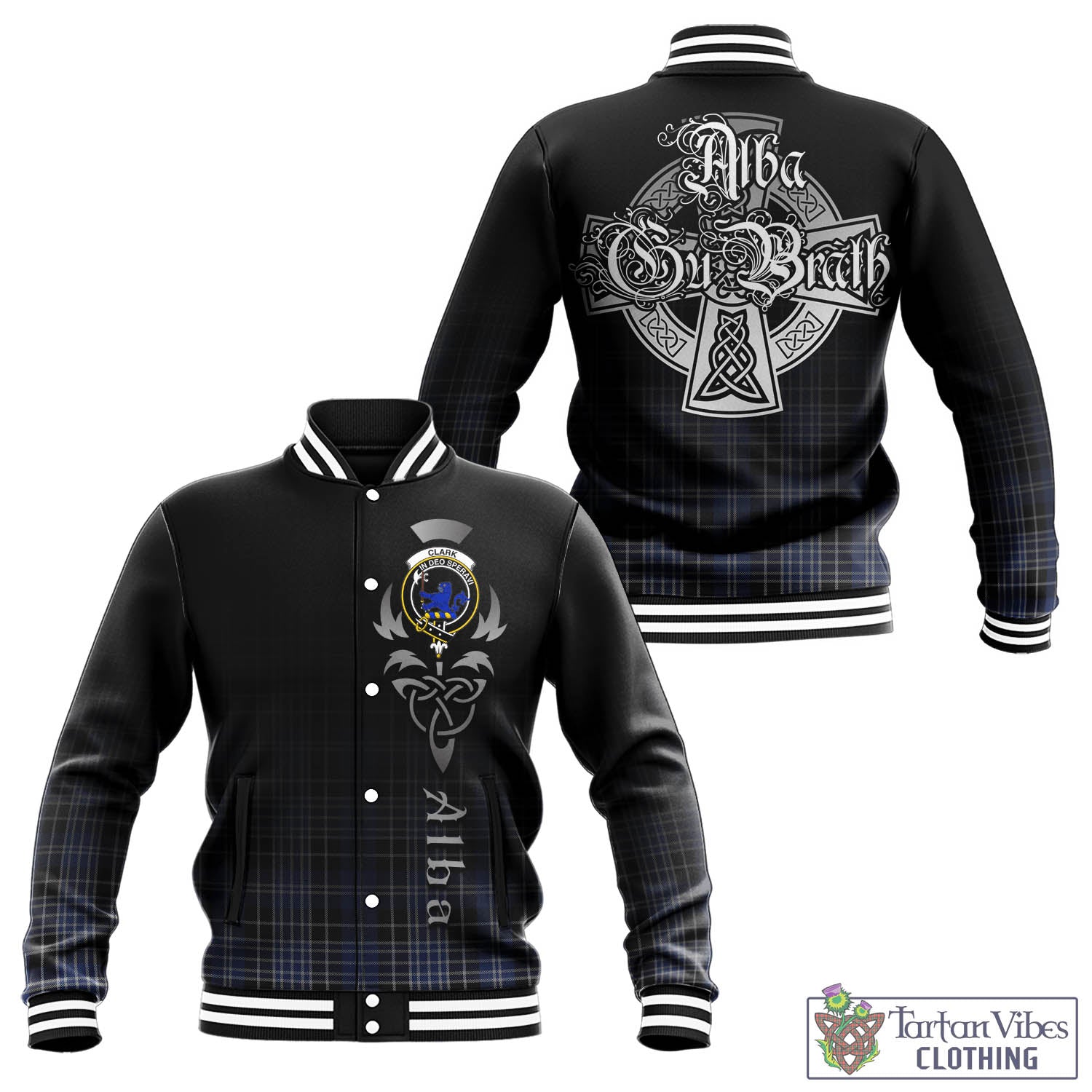 Tartan Vibes Clothing Clark (Lion) Tartan Baseball Jacket Featuring Alba Gu Brath Family Crest Celtic Inspired