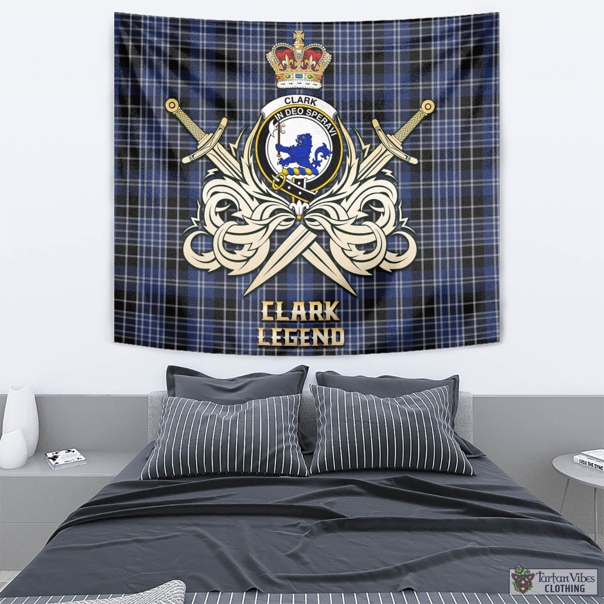 Tartan Vibes Clothing Clark (Lion) Tartan Tapestry with Clan Crest and the Golden Sword of Courageous Legacy