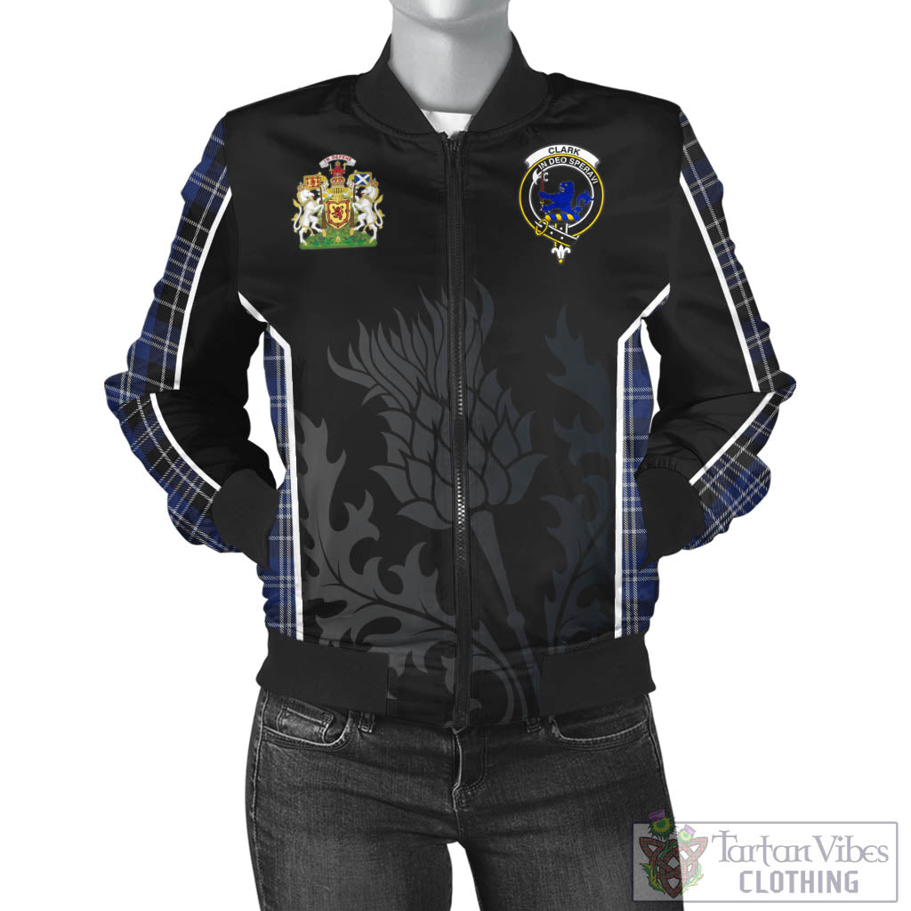 Tartan Vibes Clothing Clark (Lion) Tartan Bomber Jacket with Family Crest and Scottish Thistle Vibes Sport Style