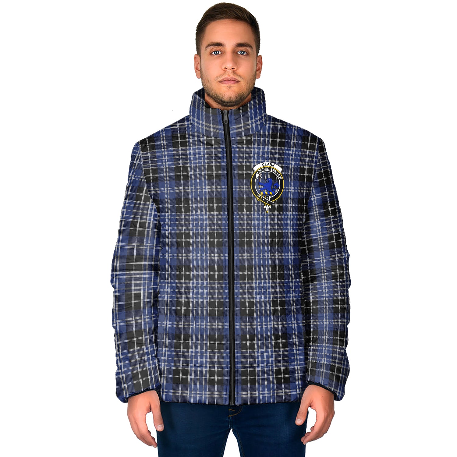 Clark (Lion) Tartan Padded Jacket with Family Crest - Tartan Vibes Clothing