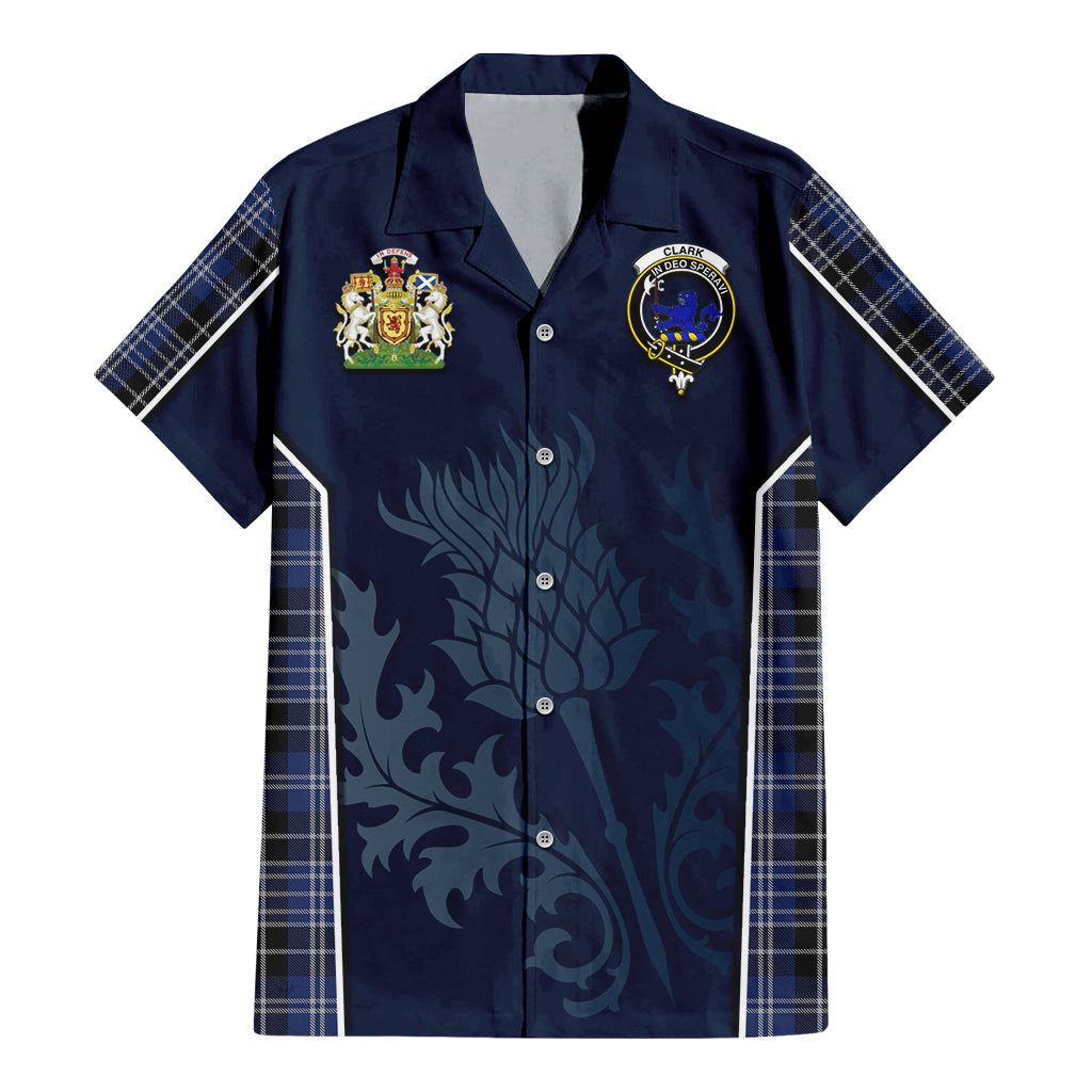 Tartan Vibes Clothing Clark (Lion) Tartan Short Sleeve Button Up Shirt with Family Crest and Scottish Thistle Vibes Sport Style