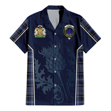 Clark (Lion) Tartan Short Sleeve Button Up Shirt with Family Crest and Scottish Thistle Vibes Sport Style