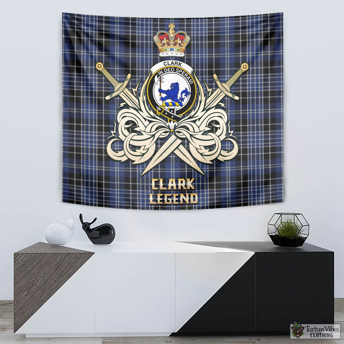 Tartan Vibes Clothing Clark (Lion) Tartan Tapestry with Clan Crest and the Golden Sword of Courageous Legacy