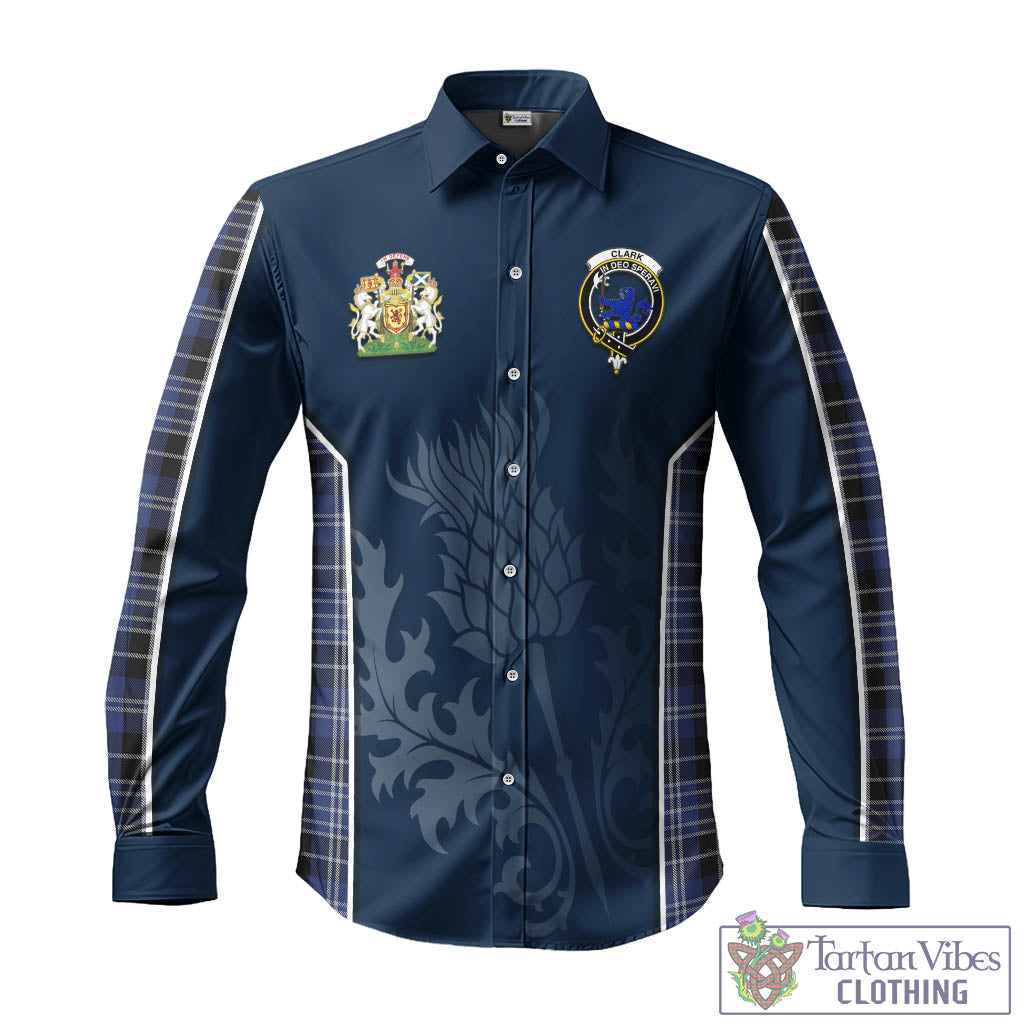 Tartan Vibes Clothing Clark (Lion) Tartan Long Sleeve Button Up Shirt with Family Crest and Scottish Thistle Vibes Sport Style