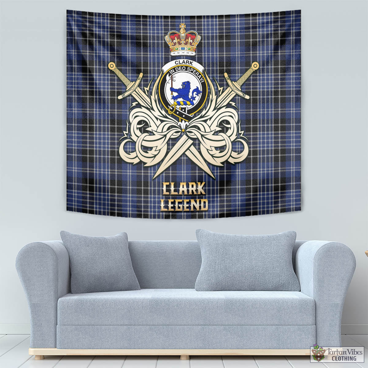 Tartan Vibes Clothing Clark (Lion) Tartan Tapestry with Clan Crest and the Golden Sword of Courageous Legacy