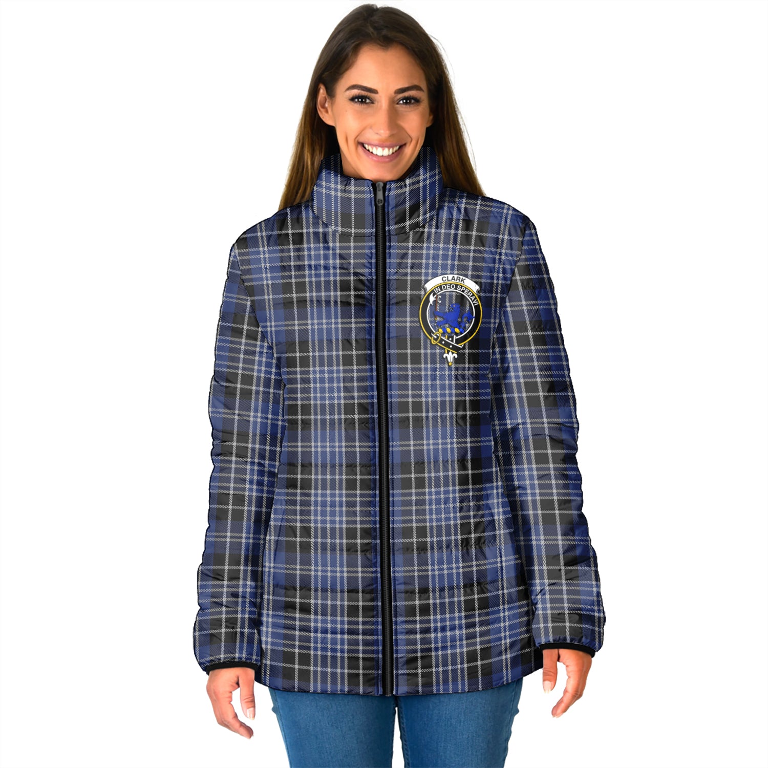 Clark (Lion) Tartan Padded Jacket with Family Crest - Tartan Vibes Clothing