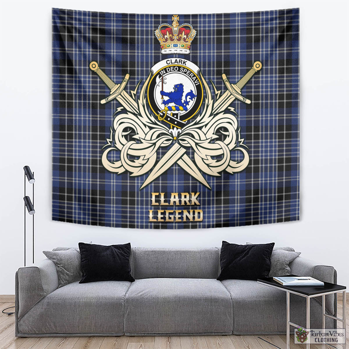 Tartan Vibes Clothing Clark (Lion) Tartan Tapestry with Clan Crest and the Golden Sword of Courageous Legacy