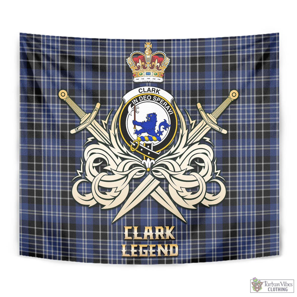 Tartan Vibes Clothing Clark (Lion) Tartan Tapestry with Clan Crest and the Golden Sword of Courageous Legacy