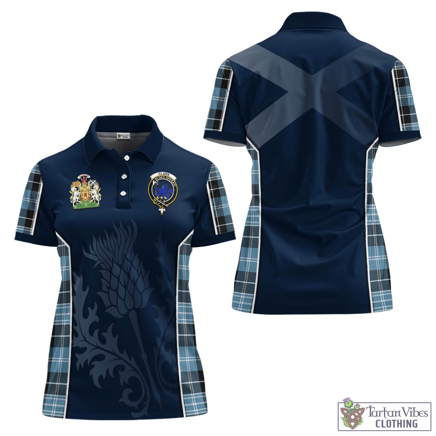 Tartan Vibes Clothing Clark (Lion) Ancient Tartan Women's Polo Shirt with Family Crest and Scottish Thistle Vibes Sport Style