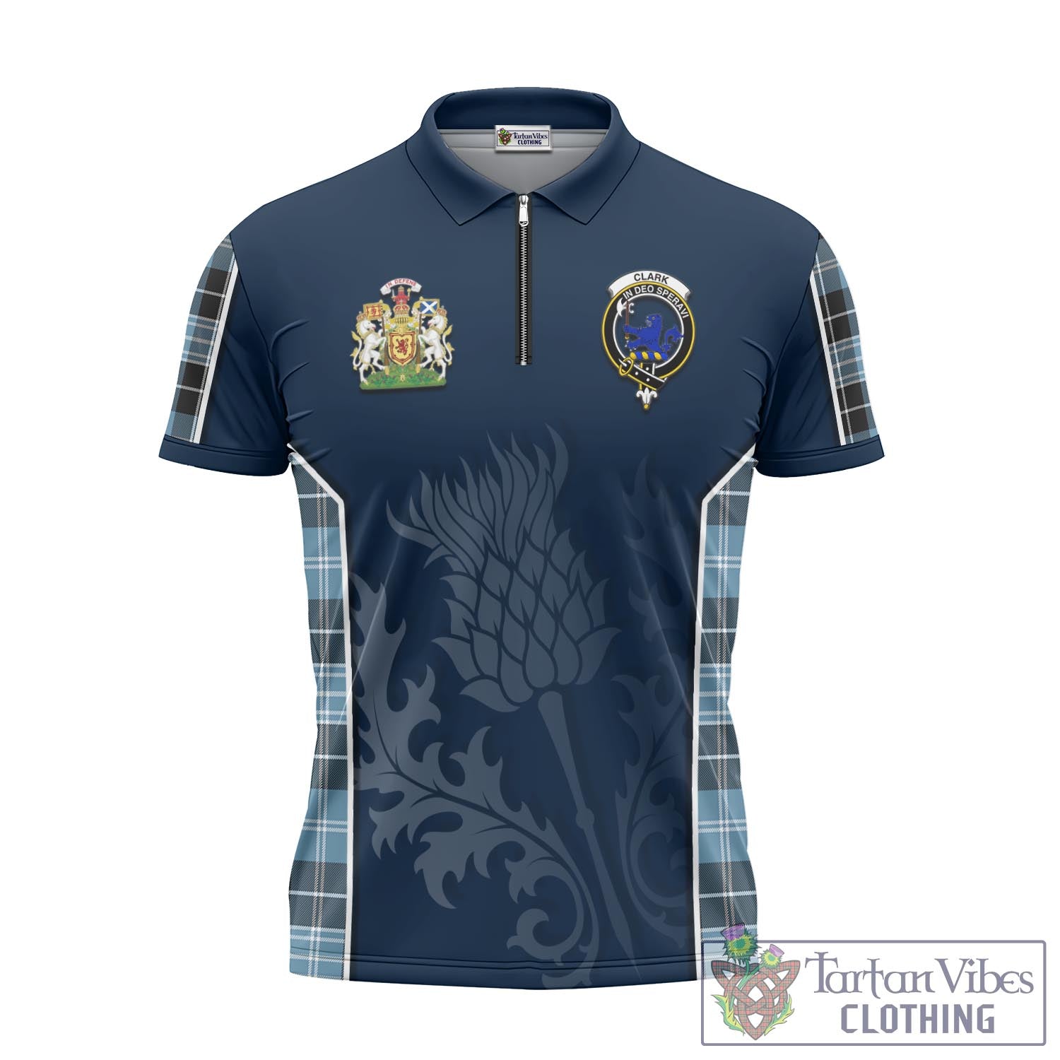 Tartan Vibes Clothing Clark (Lion) Ancient Tartan Zipper Polo Shirt with Family Crest and Scottish Thistle Vibes Sport Style