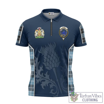 Clark (Lion) Ancient Tartan Zipper Polo Shirt with Family Crest and Scottish Thistle Vibes Sport Style