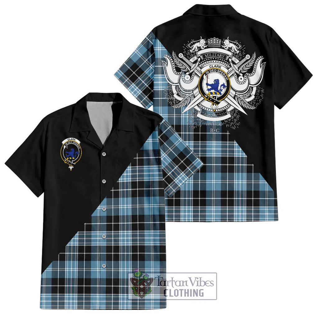 Clark (Lion) Ancient Tartan Short Sleeve Button Shirt with Family Crest and Military Logo Style Kid - Tartanvibesclothing Shop