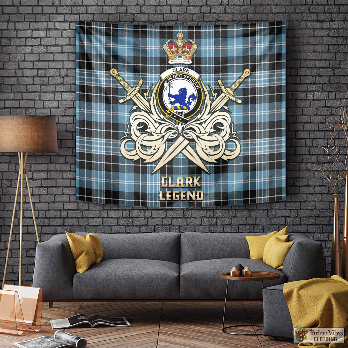 Tartan Vibes Clothing Clark (Lion) Ancient Tartan Tapestry with Clan Crest and the Golden Sword of Courageous Legacy