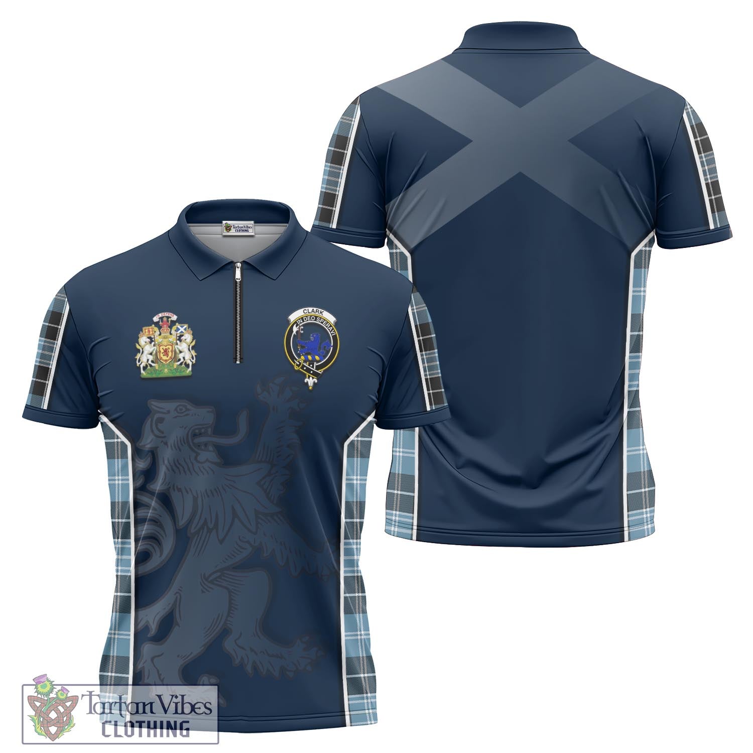 Tartan Vibes Clothing Clark (Lion) Ancient Tartan Zipper Polo Shirt with Family Crest and Lion Rampant Vibes Sport Style