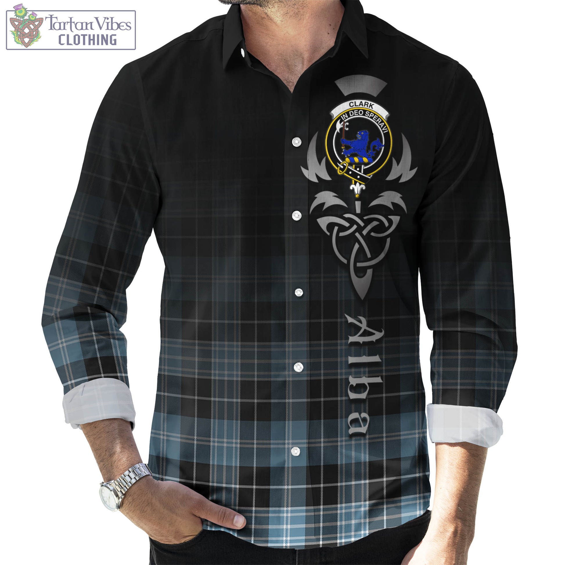 Tartan Vibes Clothing Clark (Lion) Ancient Tartan Long Sleeve Button Up Featuring Alba Gu Brath Family Crest Celtic Inspired