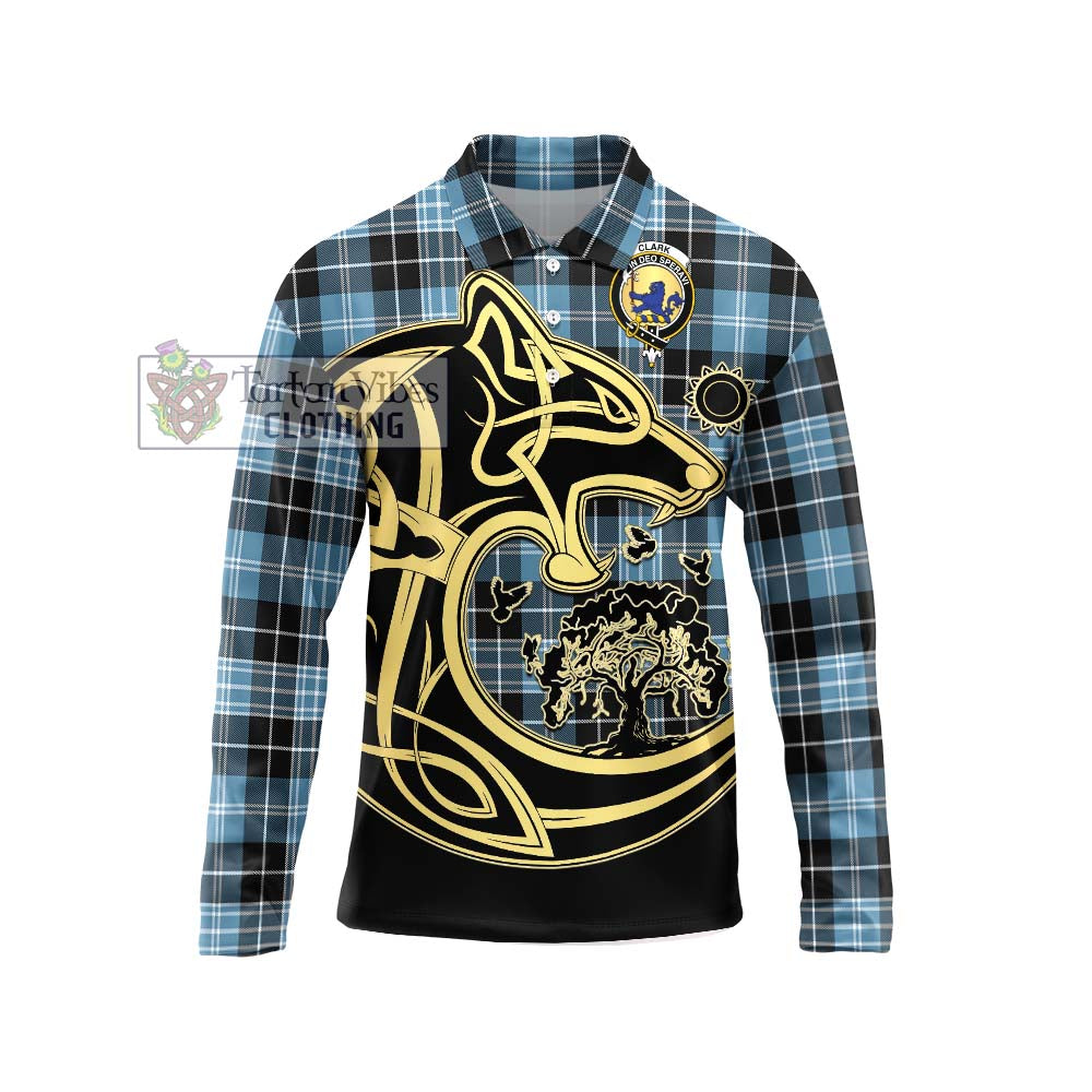 Clark (Lion) Ancient Tartan Long Sleeve Polo Shirt with Family Crest Celtic Wolf Style Unisex - Tartanvibesclothing Shop