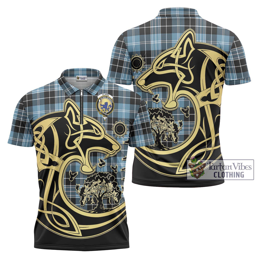 Clark (Lion) Ancient Tartan Zipper Polo Shirt with Family Crest Celtic Wolf Style Unisex - Tartanvibesclothing Shop