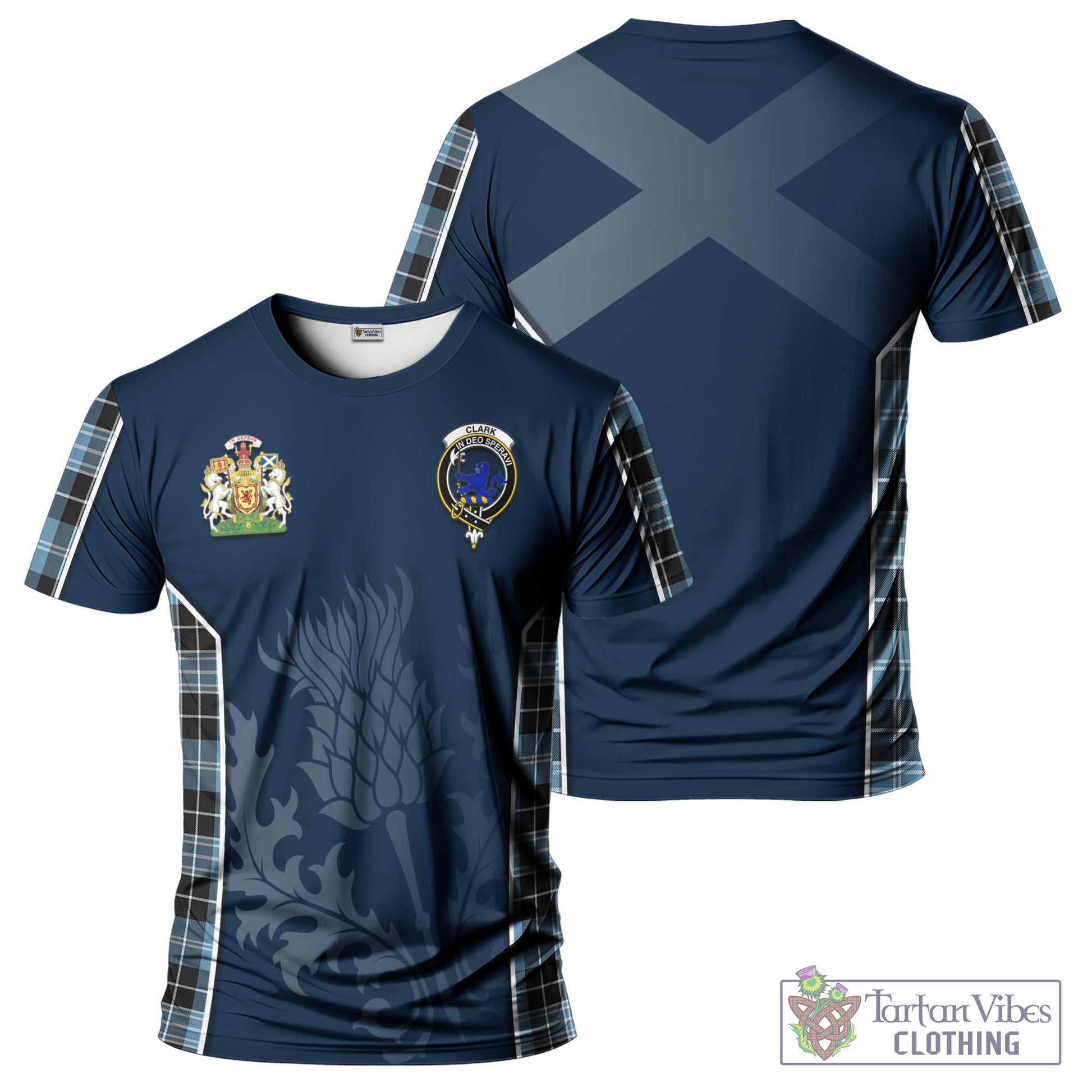 Tartan Vibes Clothing Clark (Lion) Ancient Tartan T-Shirt with Family Crest and Scottish Thistle Vibes Sport Style