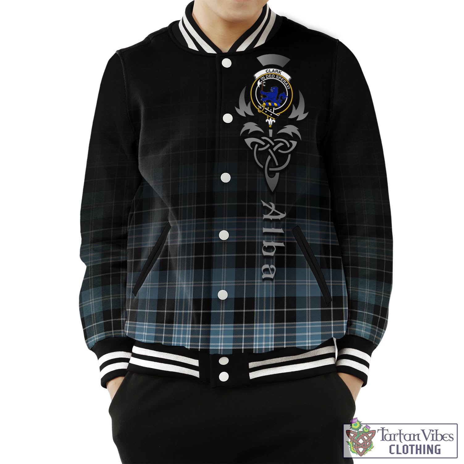 Tartan Vibes Clothing Clark (Lion) Ancient Tartan Baseball Jacket Featuring Alba Gu Brath Family Crest Celtic Inspired