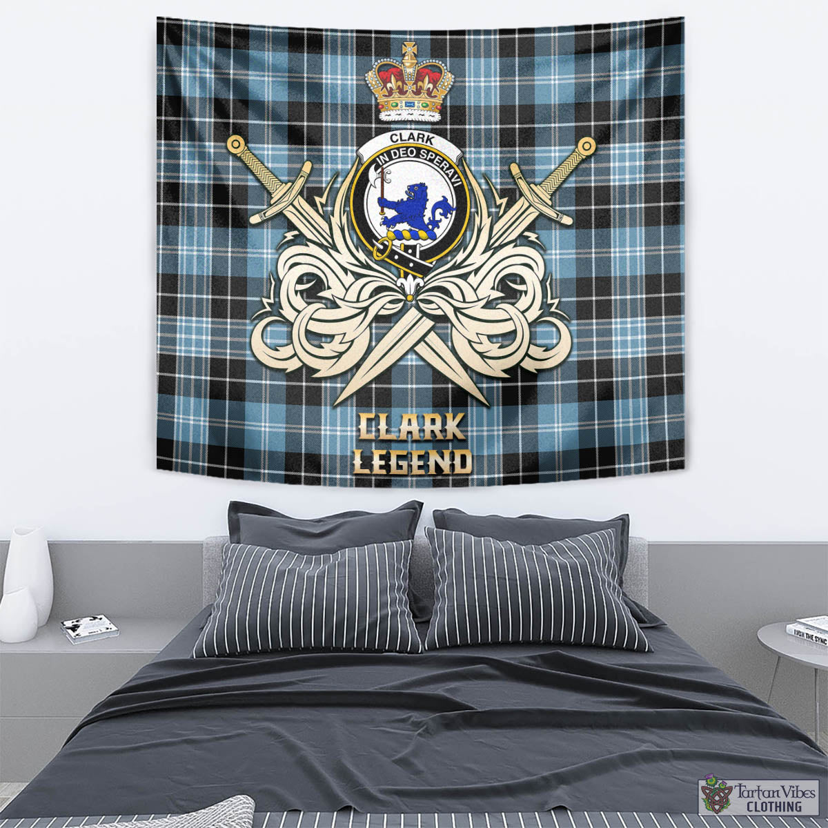 Tartan Vibes Clothing Clark (Lion) Ancient Tartan Tapestry with Clan Crest and the Golden Sword of Courageous Legacy