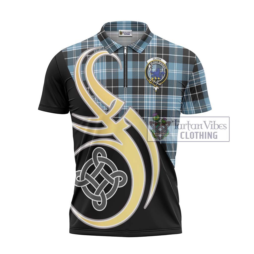 Tartan Vibes Clothing Clark (Lion) Ancient Tartan Zipper Polo Shirt with Family Crest and Celtic Symbol Style