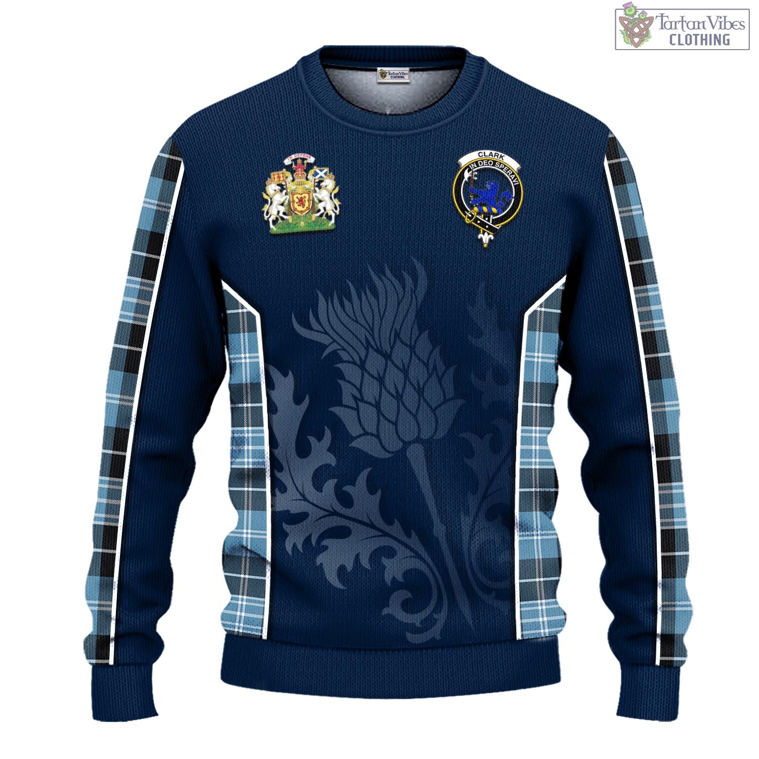 Tartan Vibes Clothing Clark (Lion) Ancient Tartan Knitted Sweatshirt with Family Crest and Scottish Thistle Vibes Sport Style