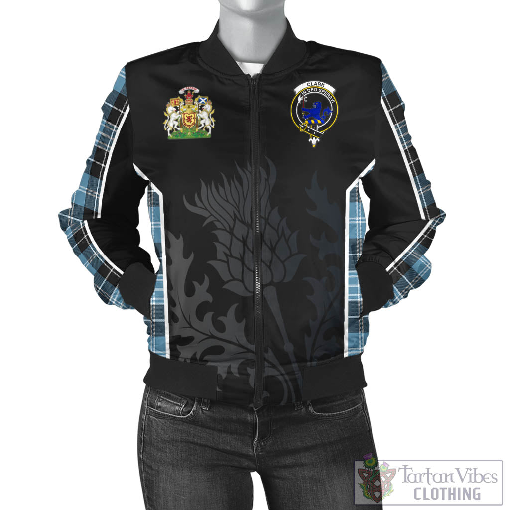 Tartan Vibes Clothing Clark (Lion) Ancient Tartan Bomber Jacket with Family Crest and Scottish Thistle Vibes Sport Style