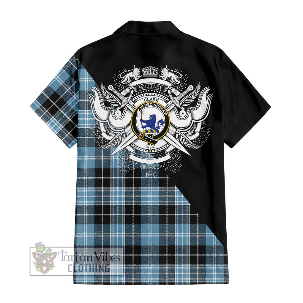 Clark (Lion) Ancient Tartan Short Sleeve Button Shirt with Family Crest and Military Logo Style - Tartanvibesclothing Shop