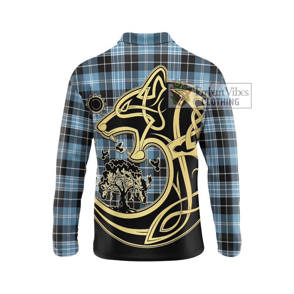 Clark (Lion) Ancient Tartan Long Sleeve Polo Shirt with Family Crest Celtic Wolf Style - Tartanvibesclothing Shop