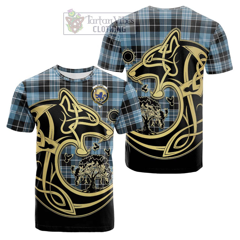 Tartan Vibes Clothing Clark (Lion) Ancient Tartan Cotton T-shirt with Family Crest Celtic Wolf Style