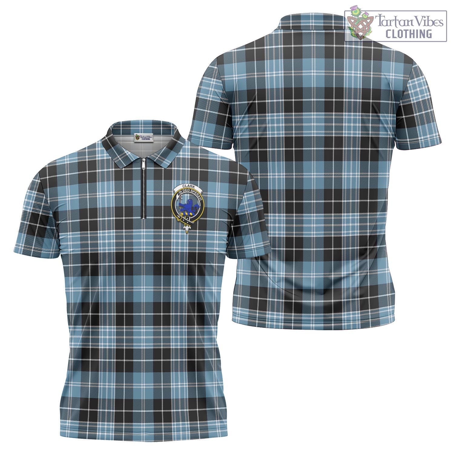 Tartan Vibes Clothing Clark (Lion) Ancient Tartan Zipper Polo Shirt with Family Crest