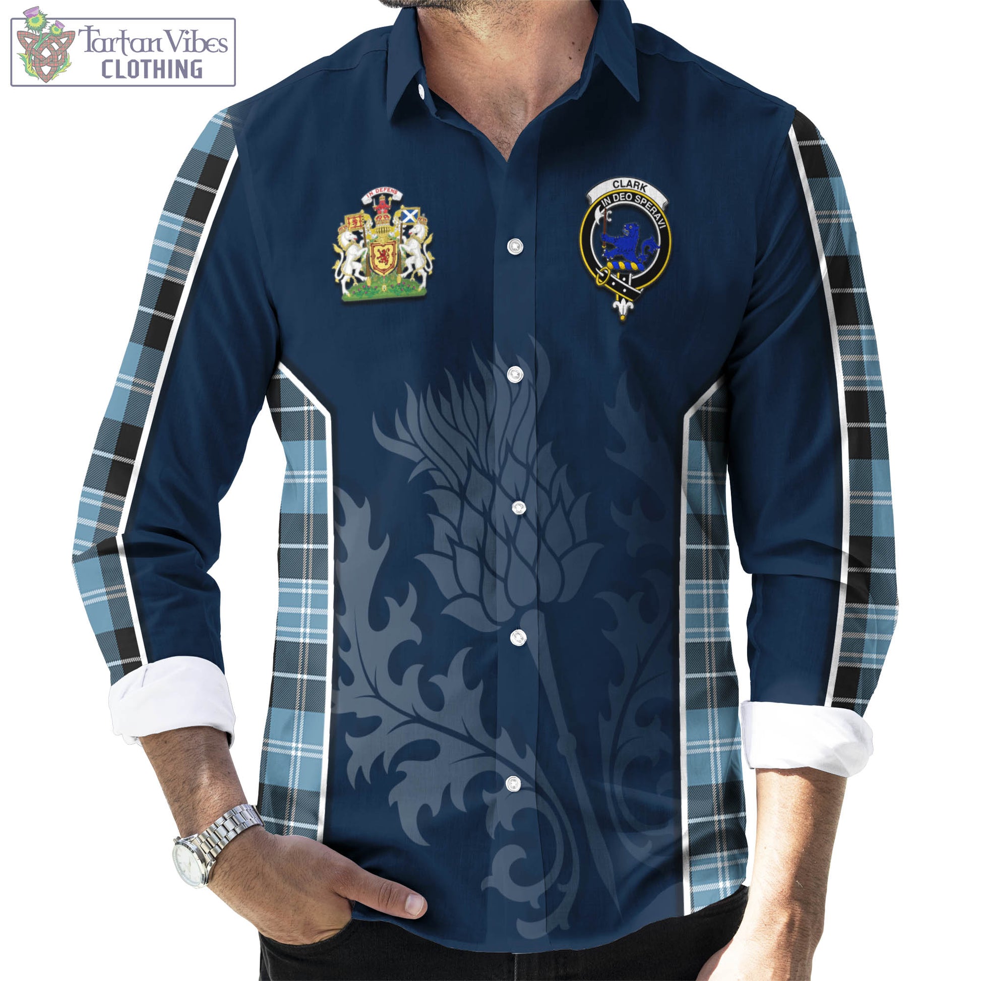 Tartan Vibes Clothing Clark (Lion) Ancient Tartan Long Sleeve Button Up Shirt with Family Crest and Scottish Thistle Vibes Sport Style