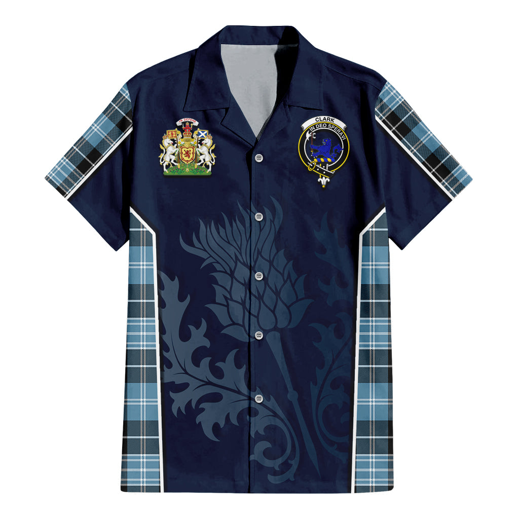 Tartan Vibes Clothing Clark (Lion) Ancient Tartan Short Sleeve Button Up Shirt with Family Crest and Scottish Thistle Vibes Sport Style