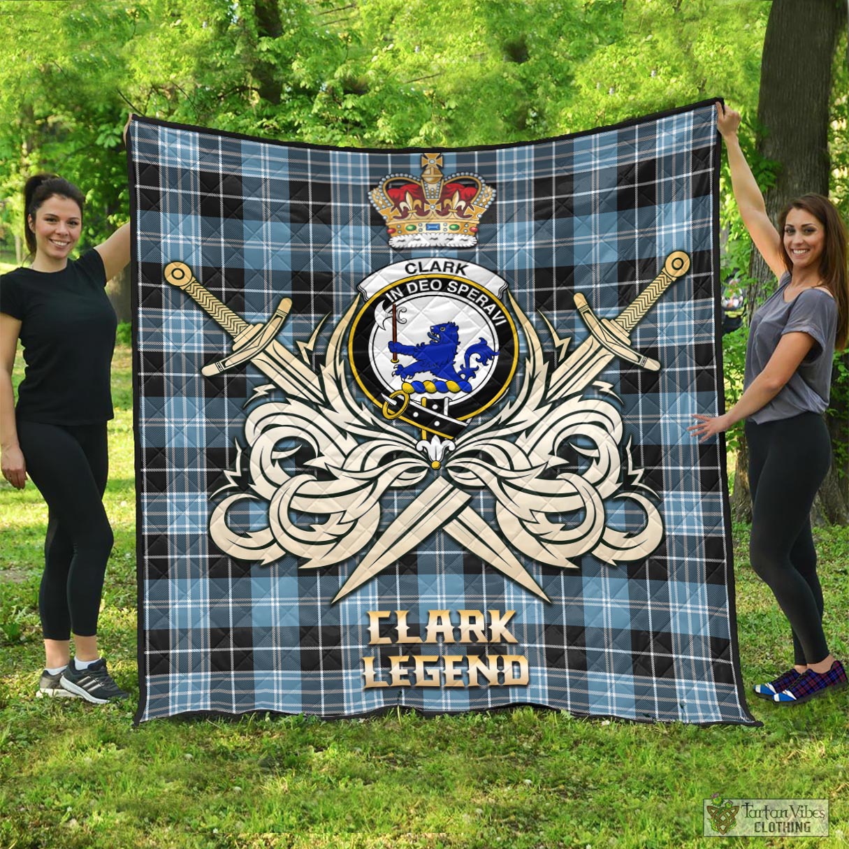 Tartan Vibes Clothing Clark (Lion) Ancient Tartan Quilt with Clan Crest and the Golden Sword of Courageous Legacy