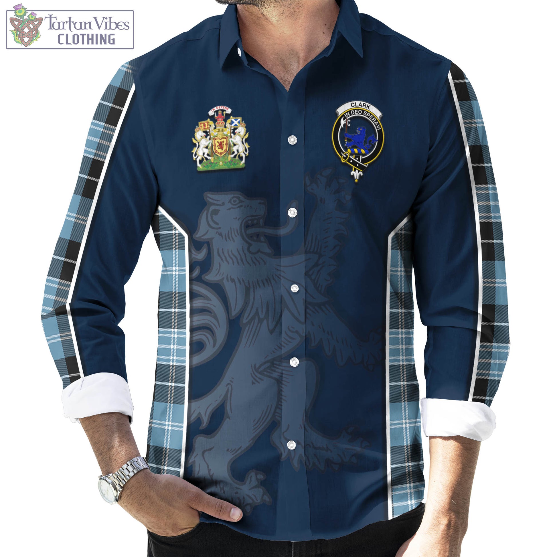 Tartan Vibes Clothing Clark (Lion) Ancient Tartan Long Sleeve Button Up Shirt with Family Crest and Lion Rampant Vibes Sport Style